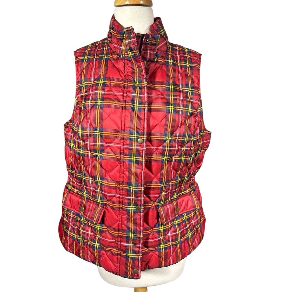 Talbots Quilted Red Tartan Plaid Full Zip Goose Down Vest